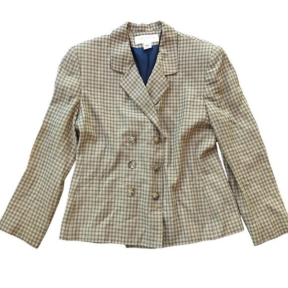 Jones New York Jackets & Blazers - Vtg Jones New York Plaid Buttoned Blazer Jacket Career Tan Brown Size Petite 8